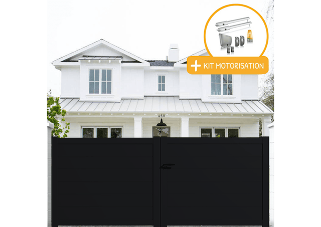 Portail aluminium battant plein en kit + Motorisation dimensions L.3000 (entre piliers) X H.1700 mm SGS Essential (vérins) Couleurs Noir (RAL 9005)