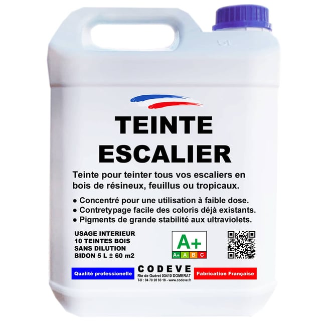 Teinte Escalier Bois - 5 L - Codeve Bois - Chêne clair - Pour La Teinture De Votre Escalier En Bois Résineux, Feuillu Ou Exotique.