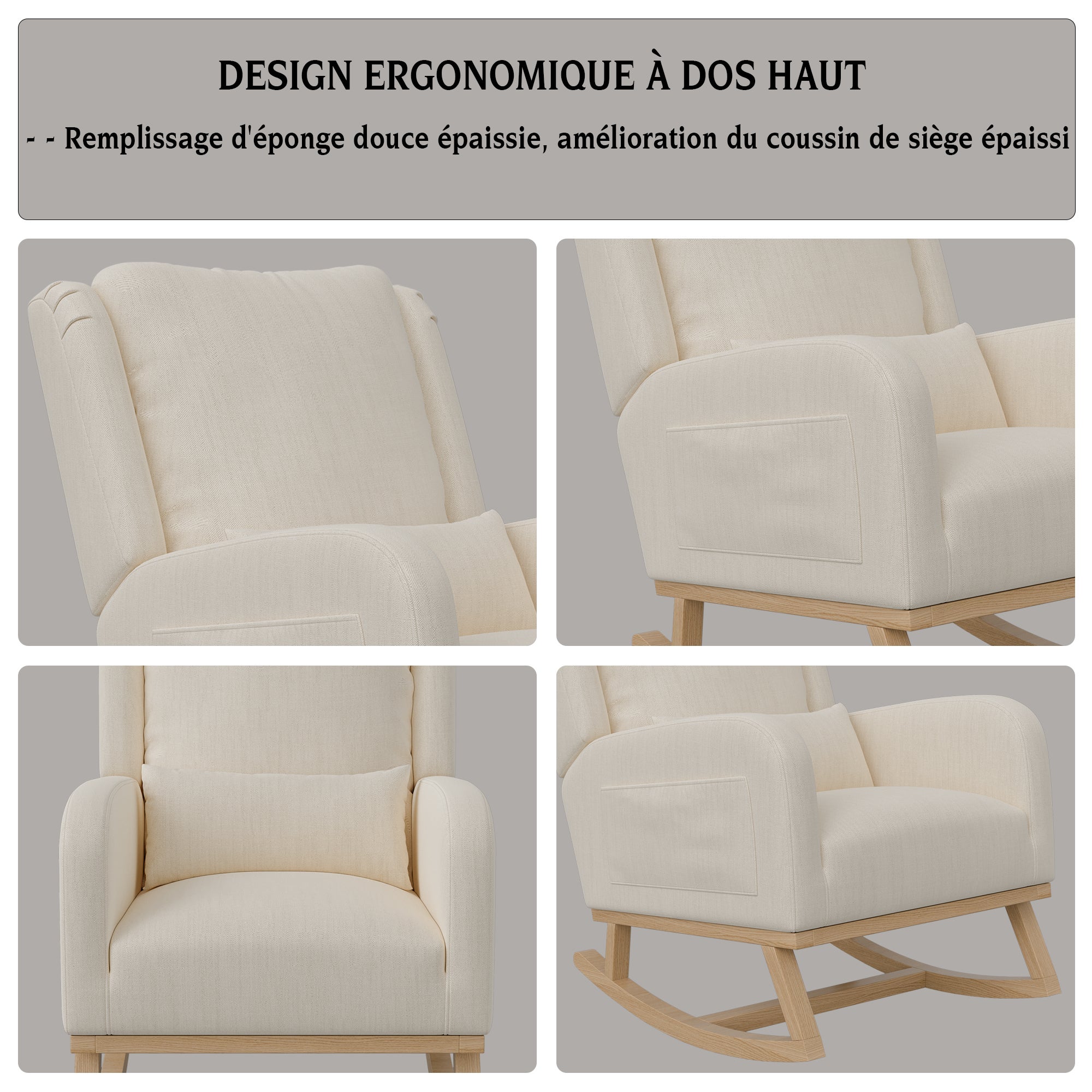 Rocking chair, avec poche latérale, dossier haut, coussin lombaire, accoudoirs, cadre en bois, fauteuil à bascule pour l'allaitement - Beige - 7