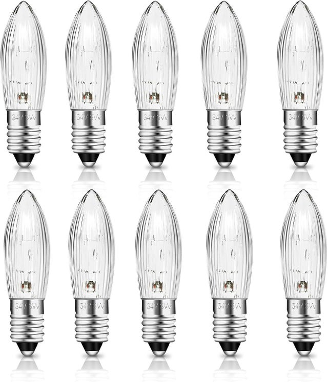 Bombilla tipo vela E10 de 34 V y 3 W, 30 lúmenes, luz blanca cálida de 2700 K, bombilla tipo vela E10 para arcos de luz, árboles de Navidad y guirnald