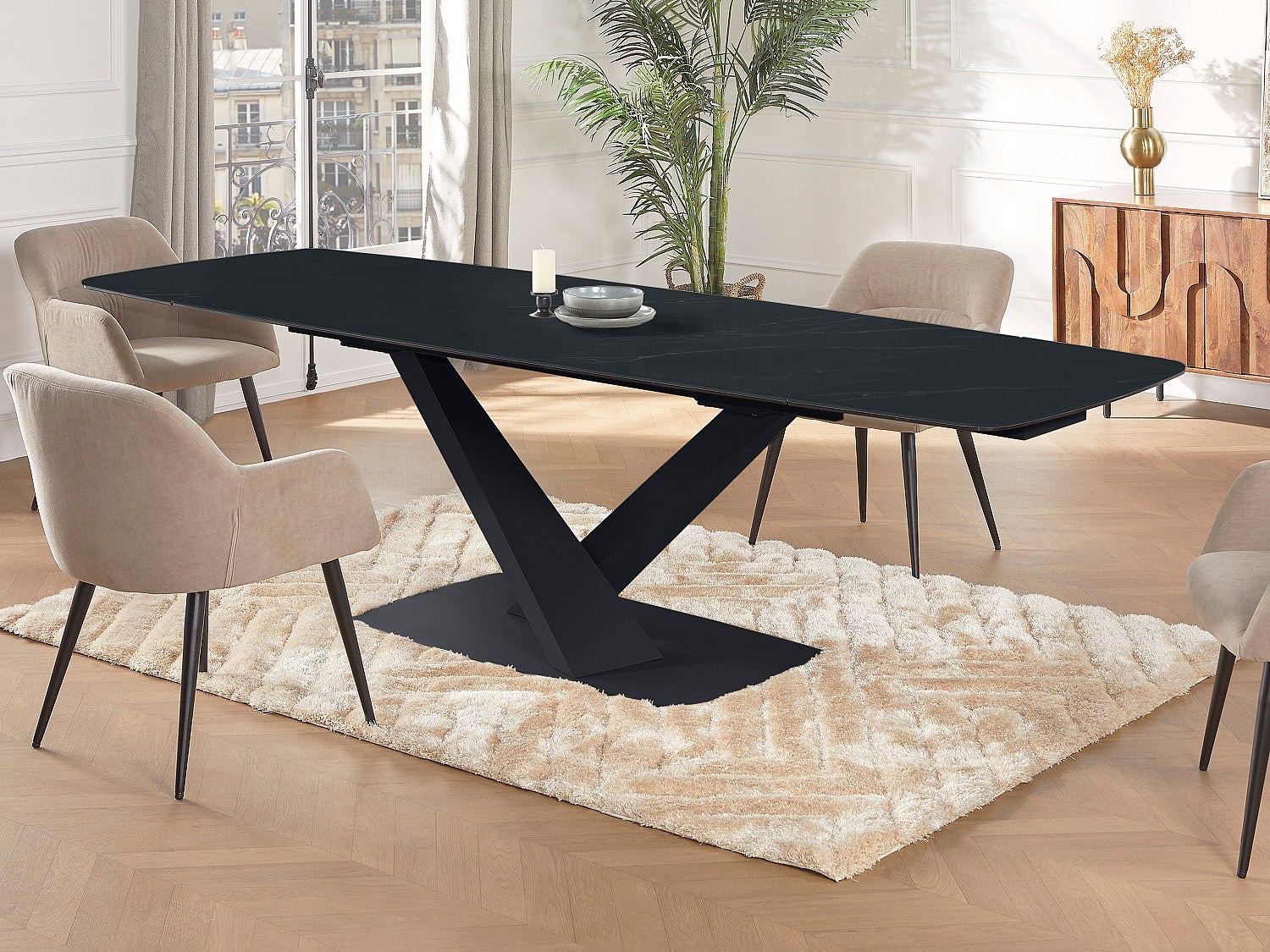 Stół do jadalni 6-10-osobowy rozkładany ze szkła hartowanego, ceramiki i metalu - Efekt czarnego marmuru - MALATA marki Pascal MORABITO