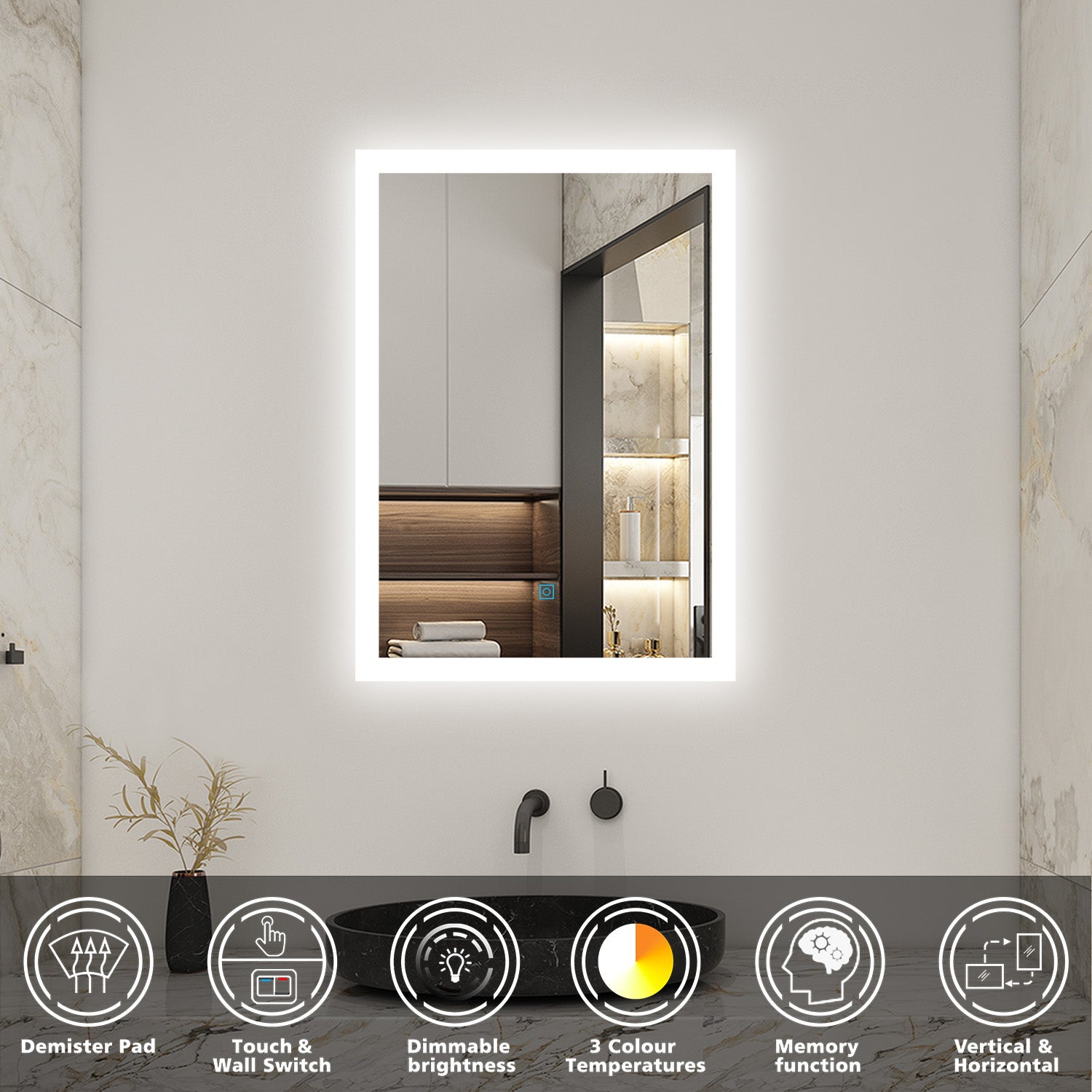 Specchio Da Bagno Con Luce LED 70x50 Cm - Antiappannamento, Touch, 3 Colori Dimmerabili, Vetro Temperato