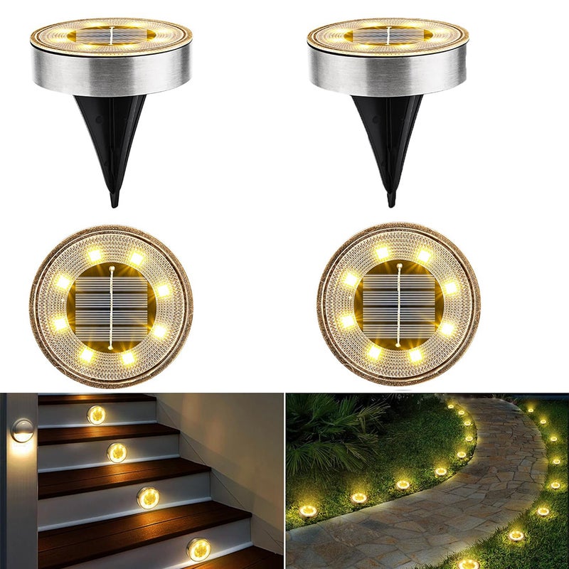 4 sztuki 8LED solarnych lamp podłogowych, zewnętrzne wodoodporne lampy solarne podziemne IP68, wbudowany czujnik światła, ciepłe światło