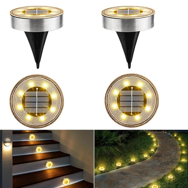 4 unidades de candeeiros de chão solares com 8 LEDs, luzes subterrâneas solares impermeáveis para exterior IP68, sensor de luz integrado, luz quente