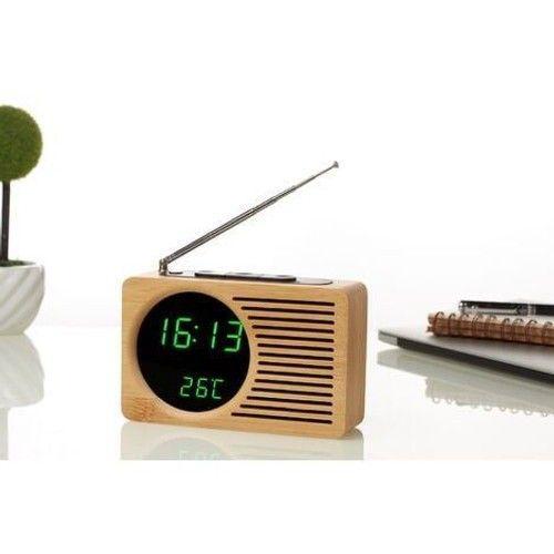 W-B Radio de chevet rétro en bois réveil paresseux muet réveil cadeau créatif horloge électronique 16.5 4.5 9 cm miroir en bambou véritable lumière