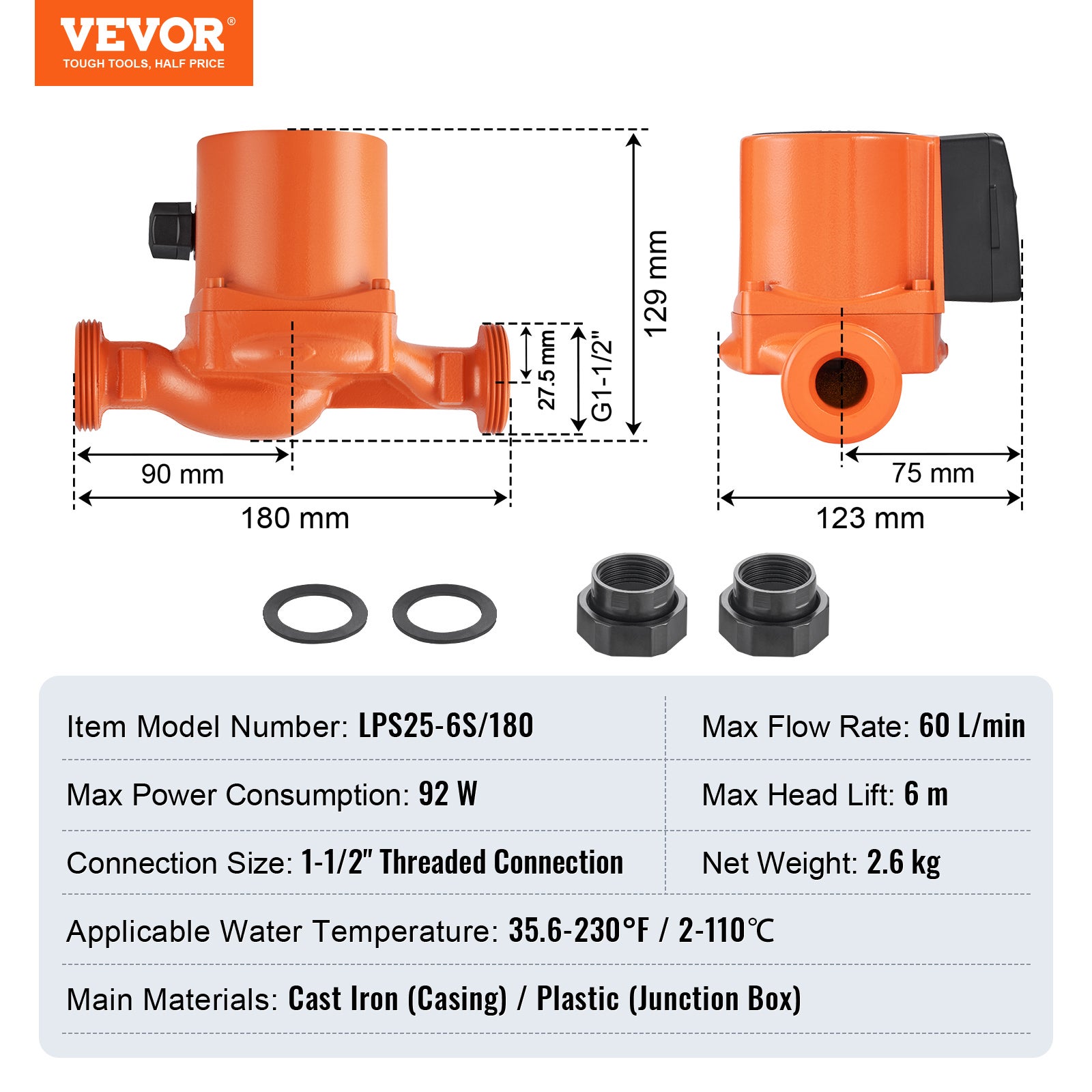 Pompe de circulation d'eau chaude, LPS25-6S-180, 60 L/min, 3 vitesses, 220V 92W, hauteur de refoulement maximale 6 m pour systèmes d'eau chaude VEVOR - 7