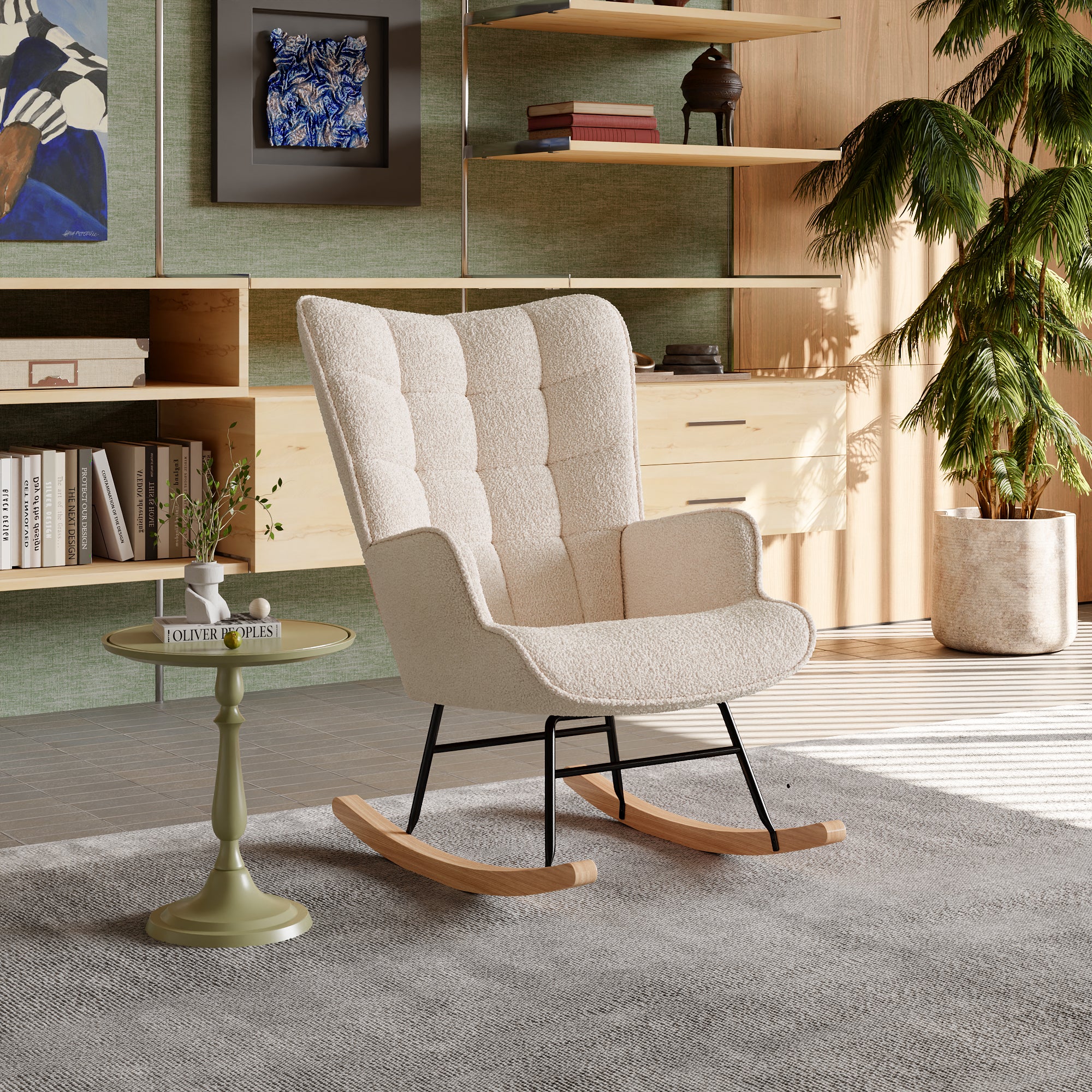 Fauteuil à bascule, tissu sherpa, avec pieds en bois massif, dossier en capitonné, accoudoirs, style scandinave, Rocking chair - Beige - 6