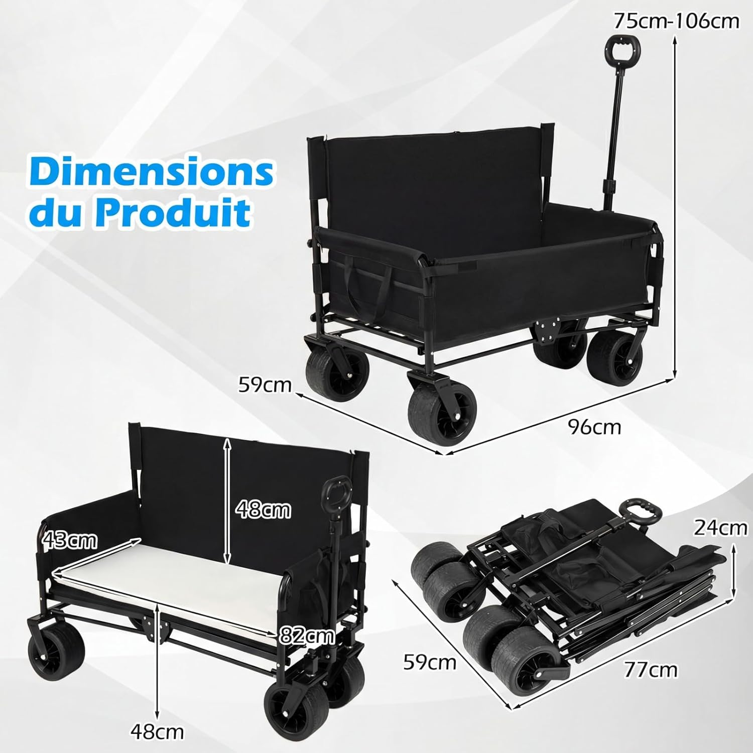 GIANTEX Chariot de Plage Pliable Banc 2-en-1, Chariot de Transport 85 L,Poignée Ajustable Poussée/tirée Coussins Doux et Roues Tout-Terrain,Noir - 5