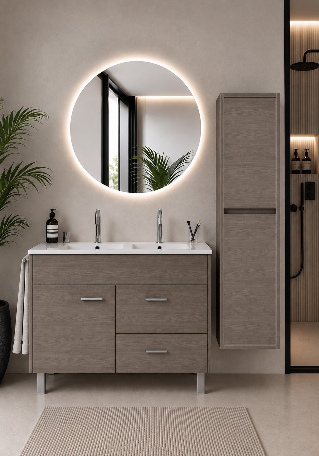 Mobilier de baie cu lavoar ORIGENBATH SAMOS fără oglindă 120x45 cm dublu stejar smoky cu coloană