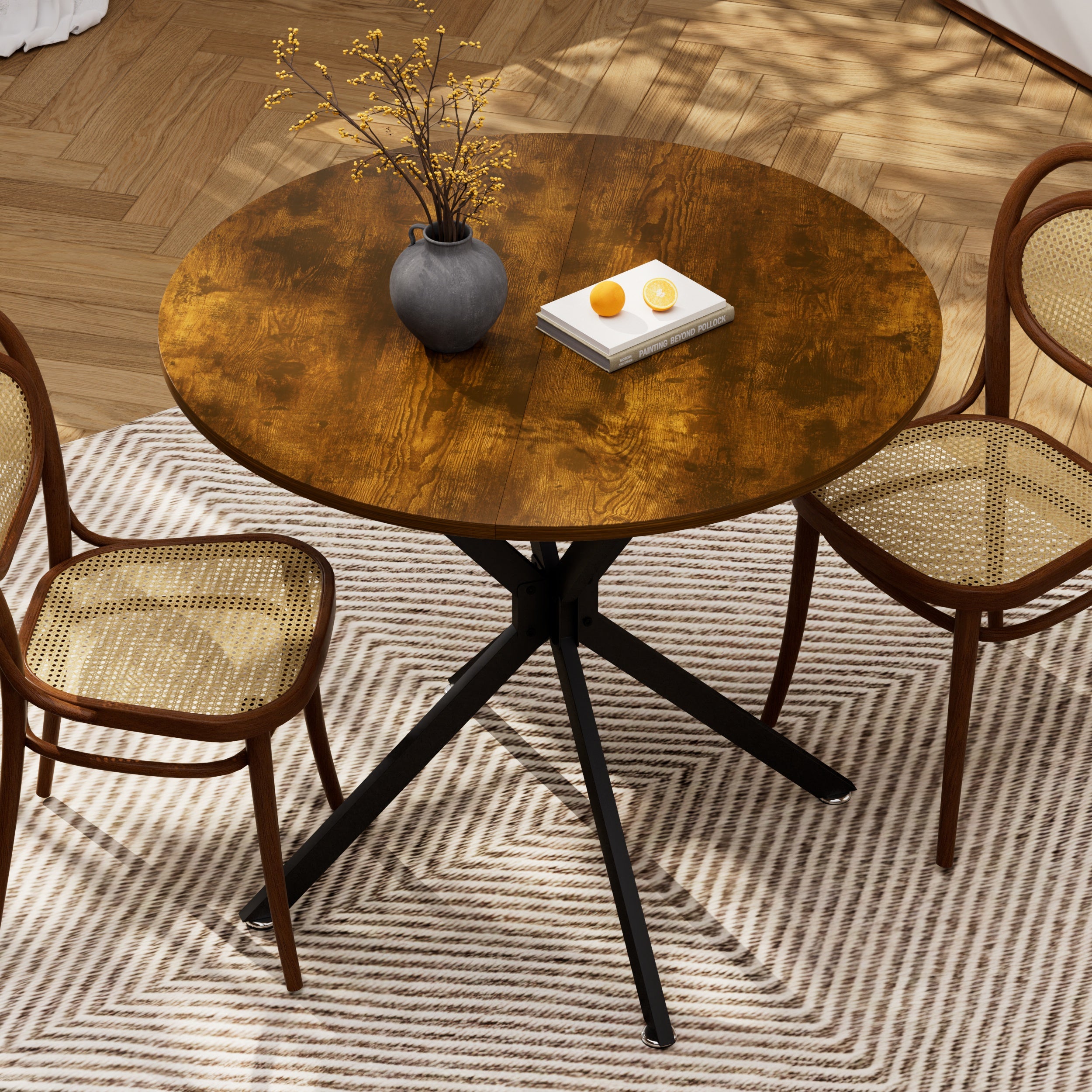 Mesa de comedor redonda, 90 cm, estilo vintage, patas de acero, tablero laminado, marrón rústico y negro.