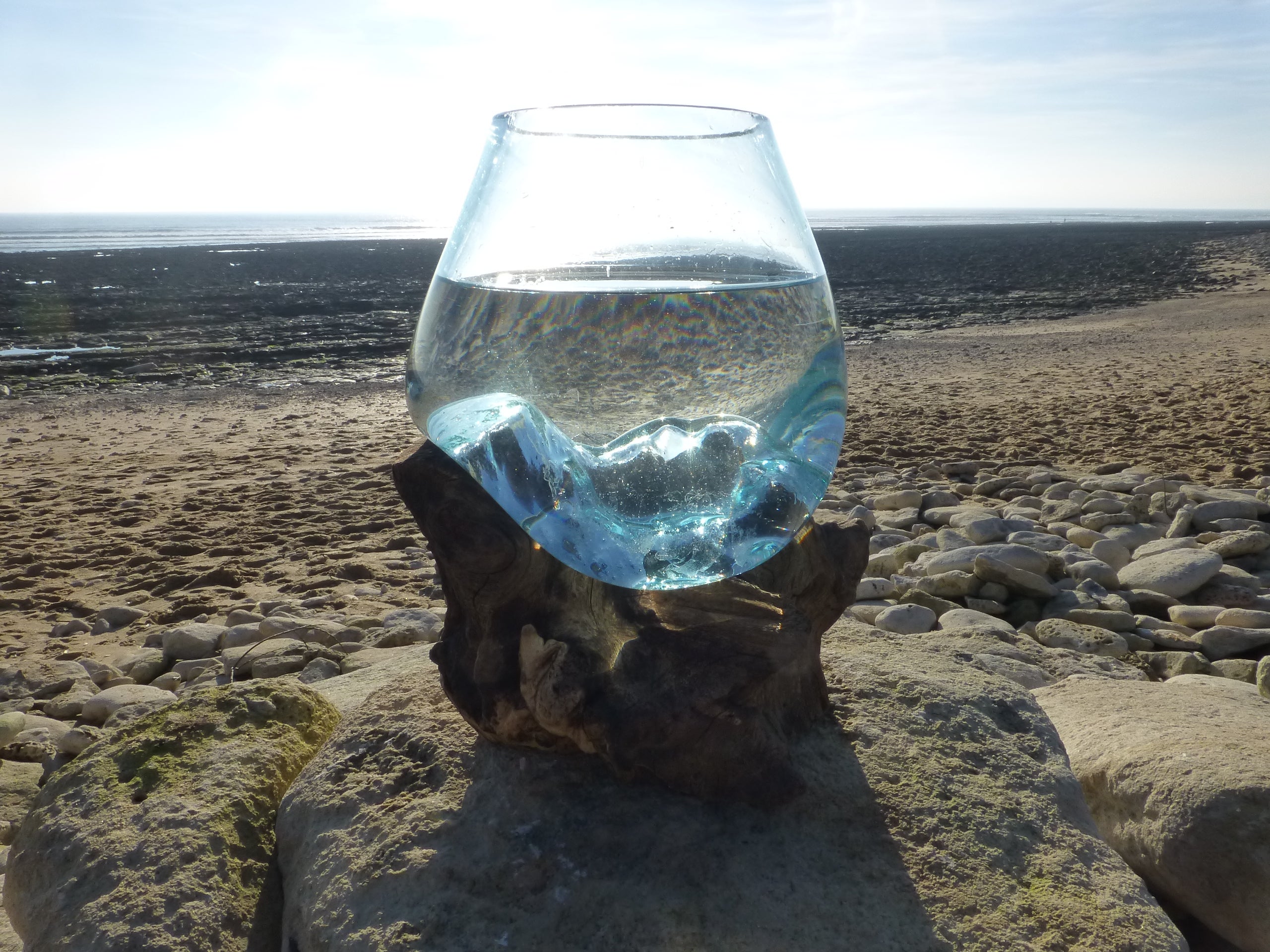 vase ou aquarium en verre soufllé sur racine de bois, hauteur environ 25cm, modèle unique - 3