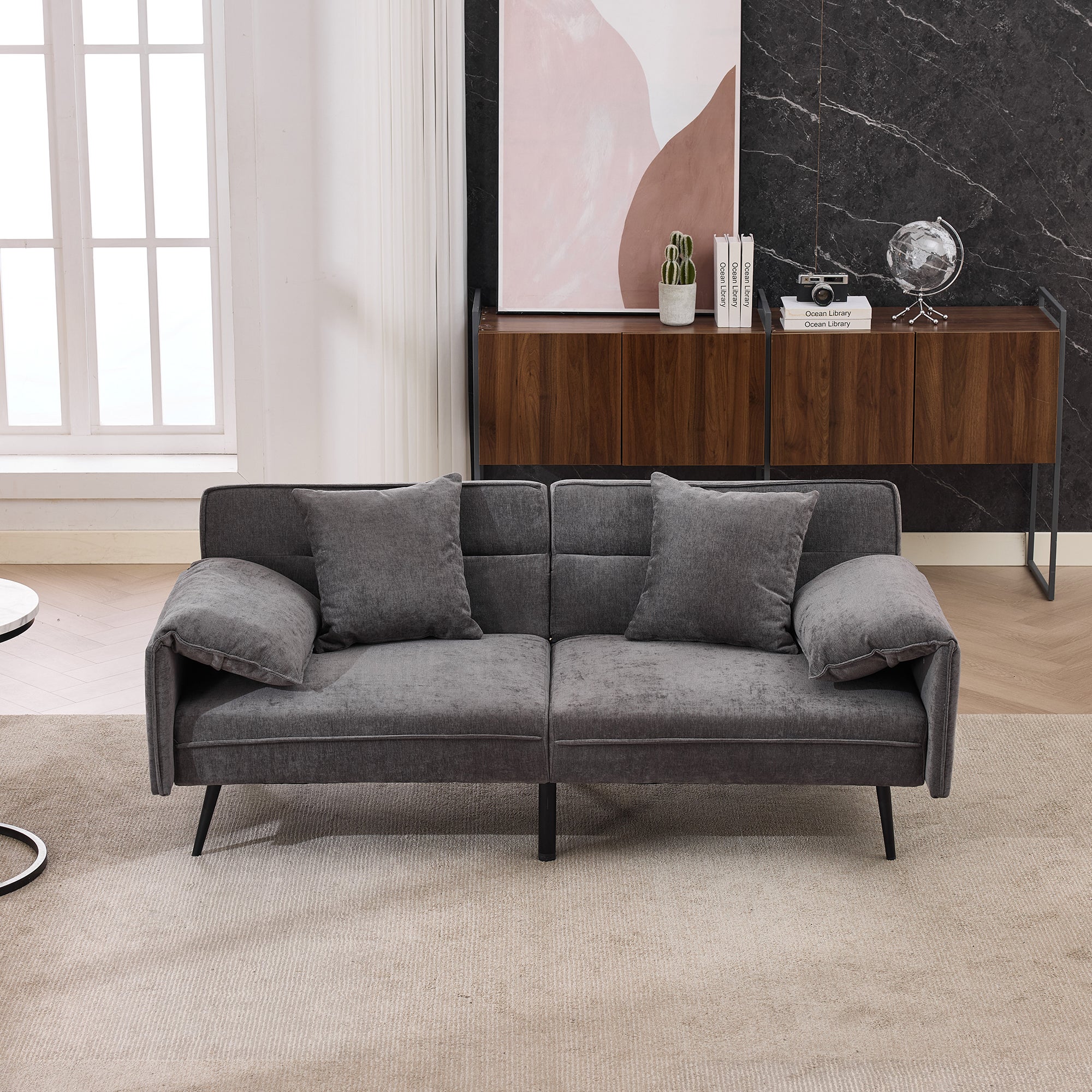 Sofa dwuosobowa z funkcją spania Click-Clack i 3-stopniową regulacją oparcia (100°–180°) – 167,5 x 73 x 70 cm – tkanina Chenille – szara - 5