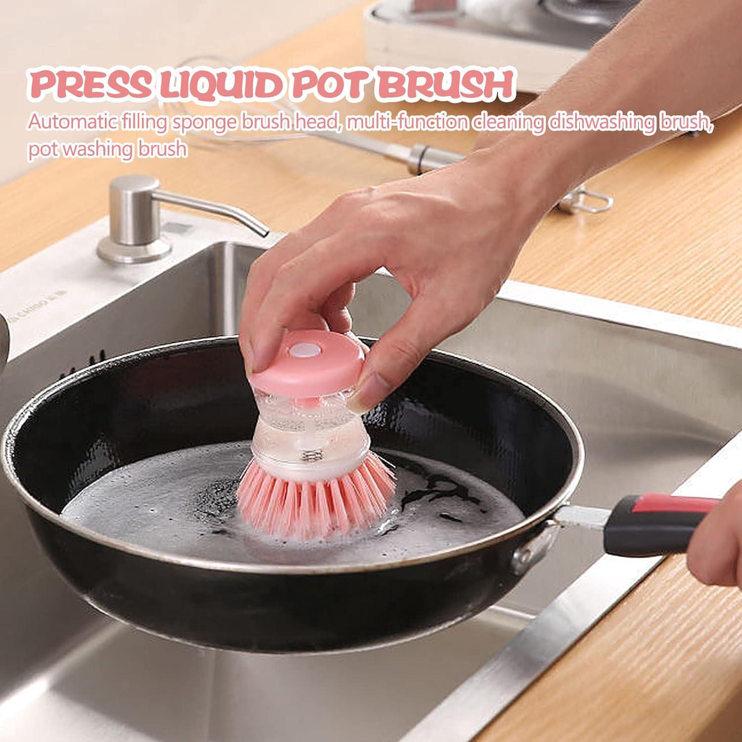 Brosse à vaisselle avec réservoir - Outils de lavage et de nettoyage de cuisine rose Brosse à casserole pour nettoyer l'évier de la casserole - 2