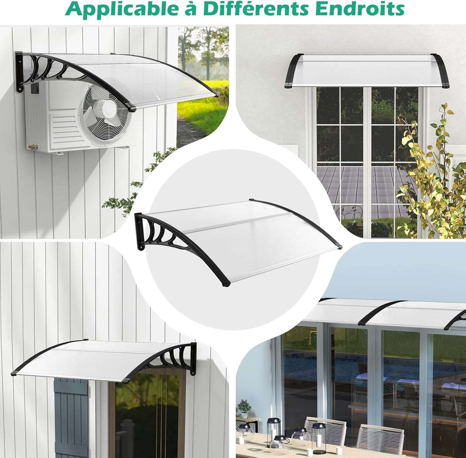 122 x 99 cm Toldo para porta de entrada Proteção solar, Toldo para porta e janela exterior Placa de policarbonato (preto) - 8