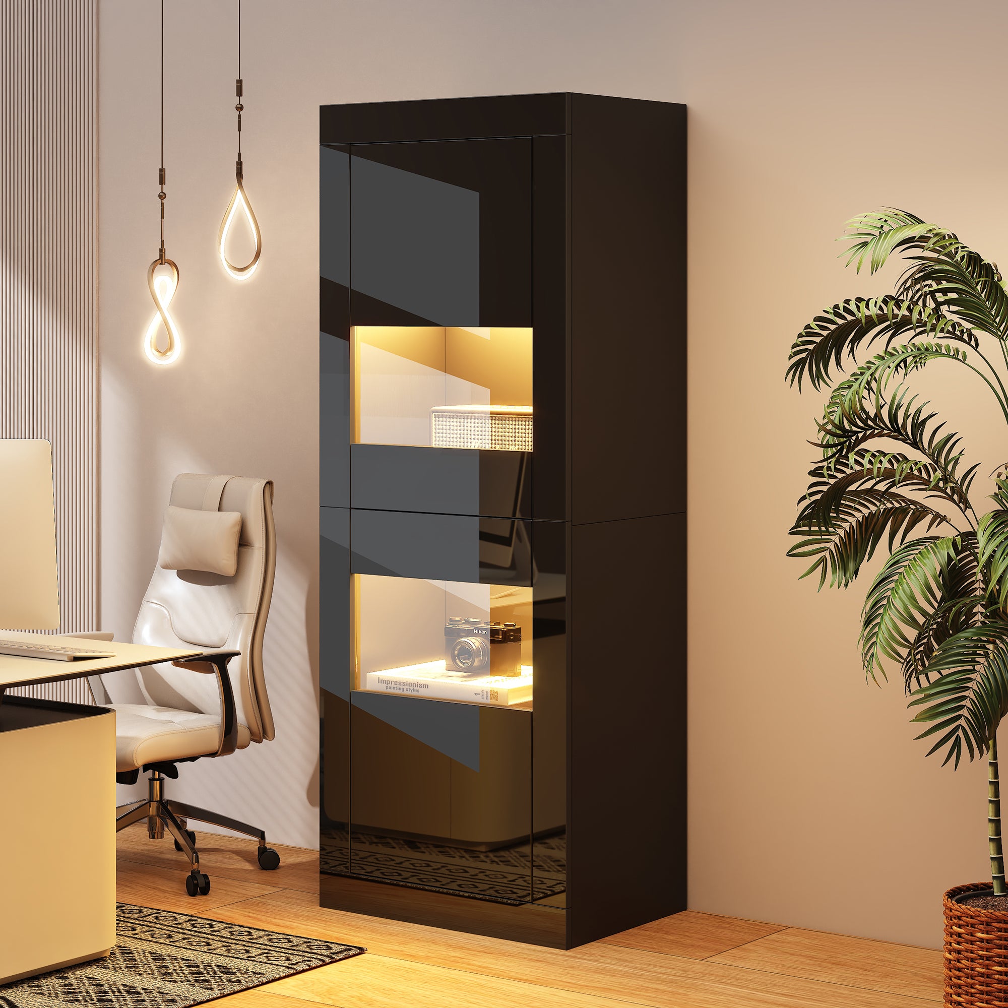 Witryna z 2 drzwiami akrylowymi - 61 x 42 x 162 cm - diody LED - płyta wiórowa i 1 półka szklana - kolor biały