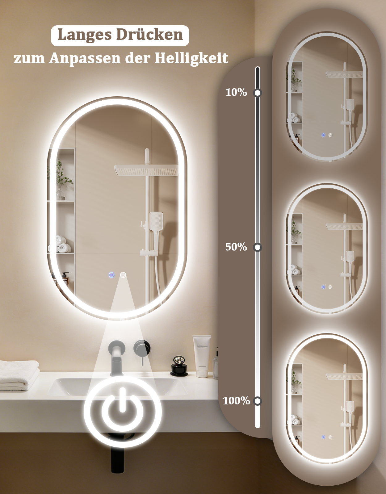 ZMH Lustro łazienkowe Owialne LED 50x80 cm na ścianę dotykowe przeciwmgielne IP44 regulowane 3000K-6500K - 3