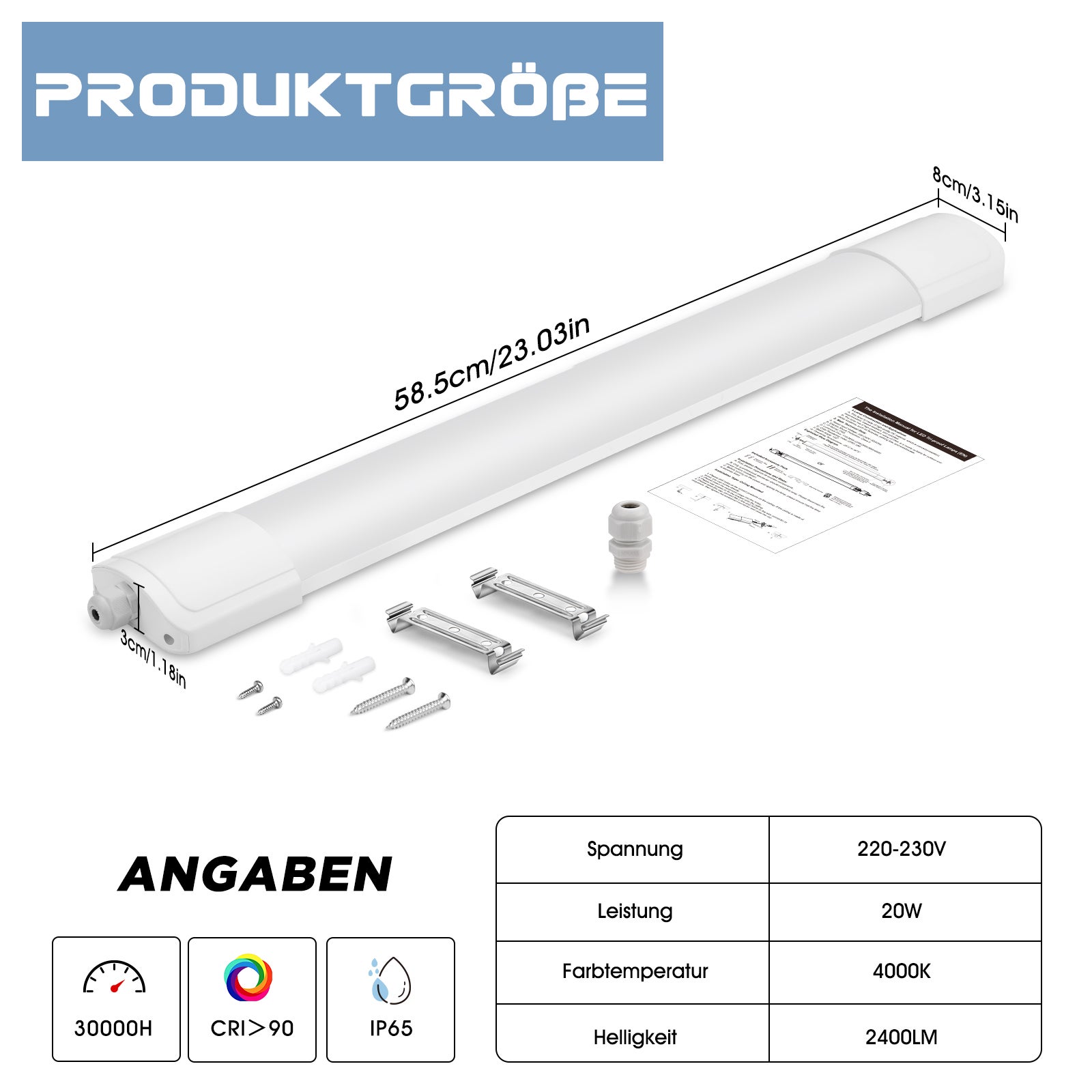 LOVHAUS 2 Sztuki Oprawa Garażowa LED Wodoszczelna 60CM IP65, Oprawa LED 20W 2200LM, Rurka LED 4000K Biały Neutralny Do Piwnicy Biura Fabryki - 3