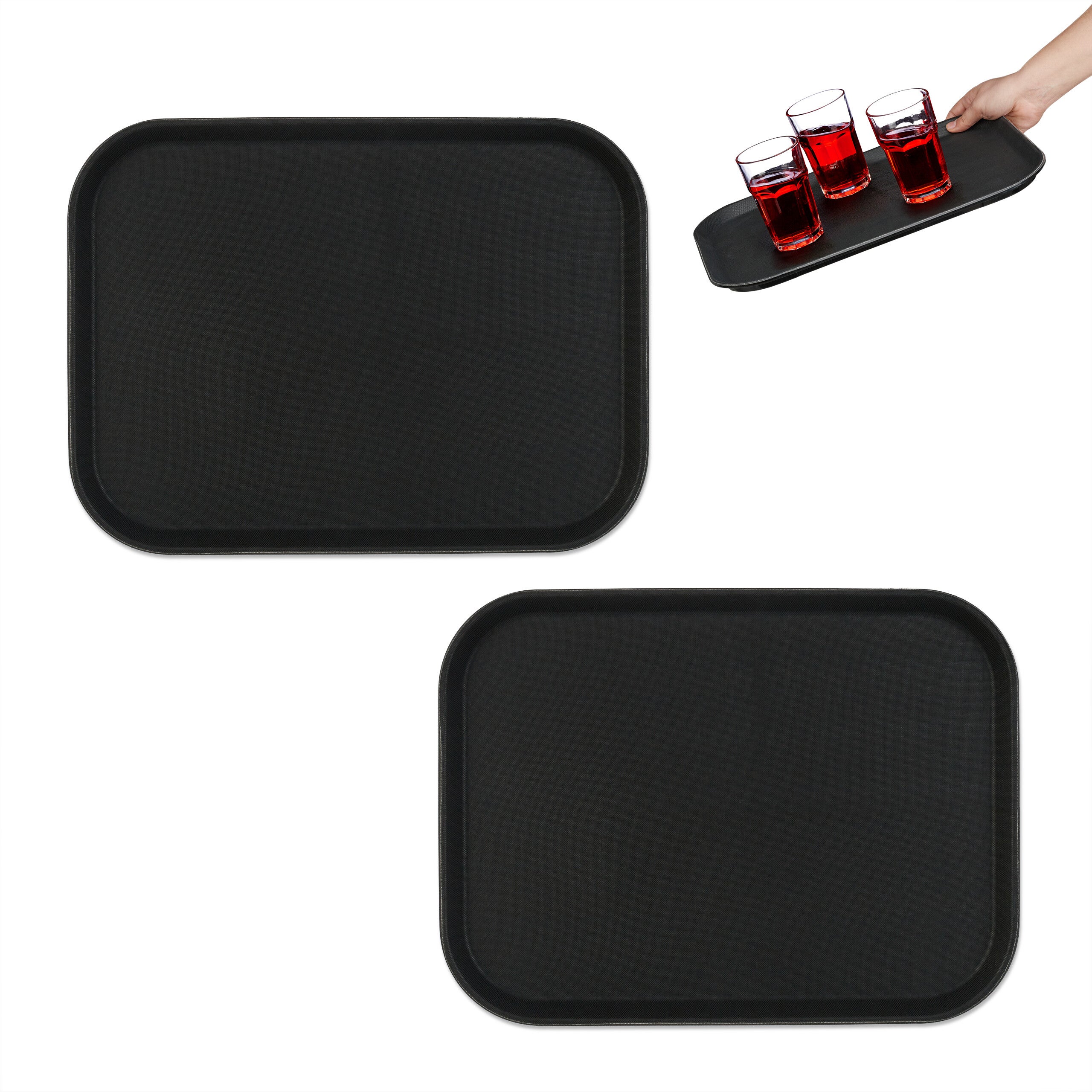 Relaxdays Lot De 2 Plateaux De Service Rectangulaires 46x35 Cm - Surface Antidérapante Noir Restaurant