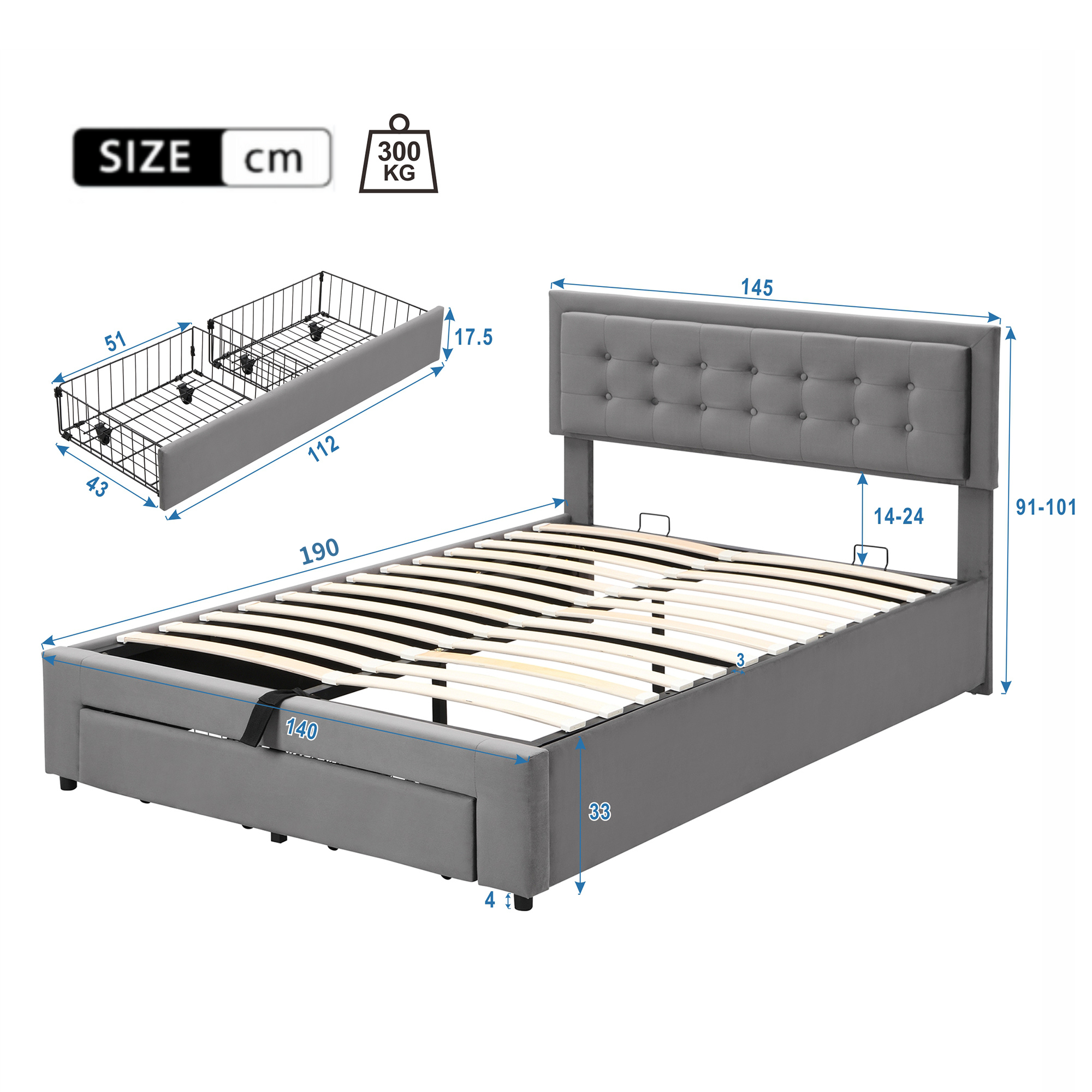 Lit coffre 140x190 ,Lit double Lit coffre hydraulique avec 2 tiroirs et sommier à lattes , Velours , Sans Matelas , Gris - 4