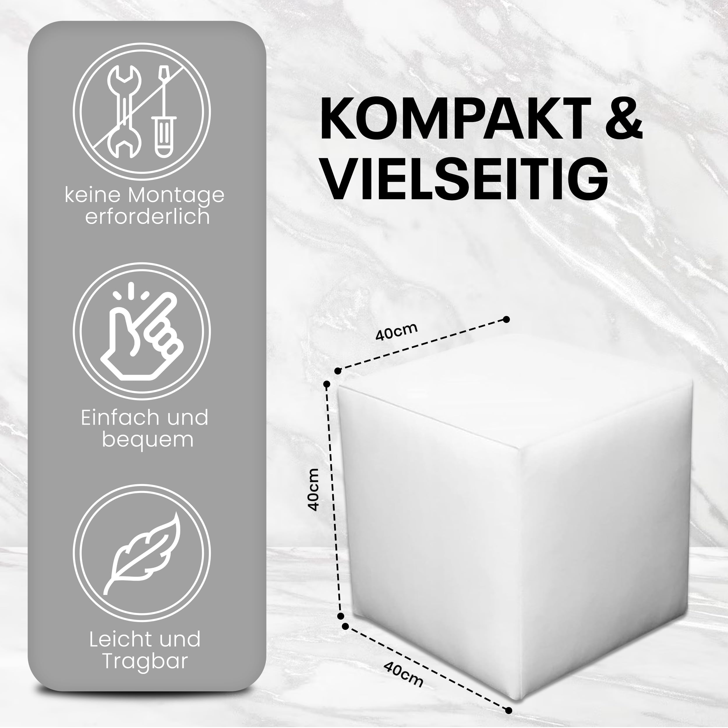 Sitzwürfel / Siège Pouf - Blanc, 40X40X40 Cm, Assise Rembourrée En Simili Cuir, Confortable Pour Salon, Chambre Ou Bureau - 4