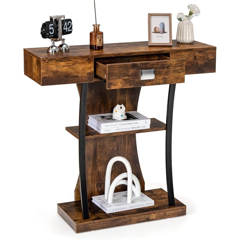 Przemysłowy Stolik Konsolowy z 3 Poziomami, Stołek z Szufladą i Zabezpieczeniem przed Przewróceniem, 91 x 30 x 88 cm, Brązowy