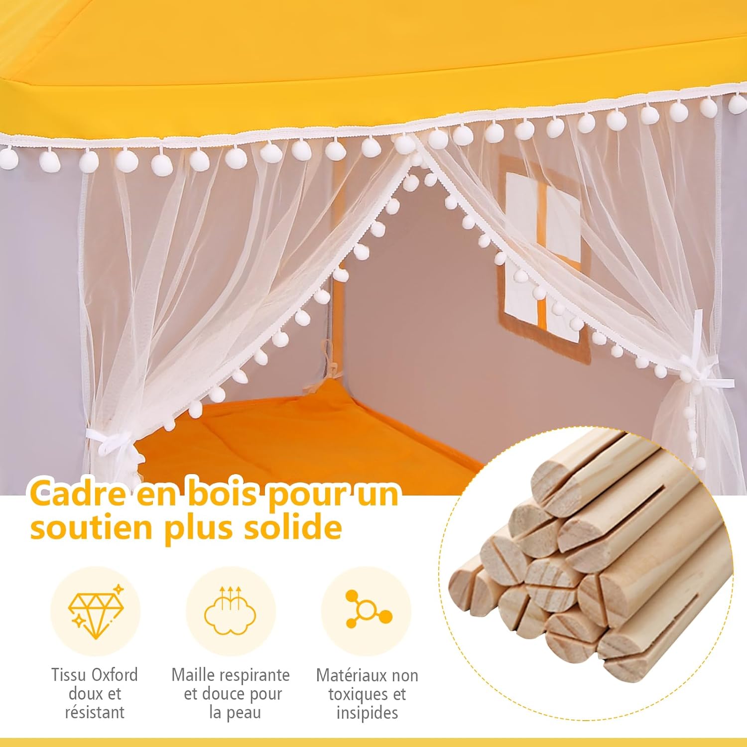 Tenda da Gioco Casetta per Bambini, Castello Giocattolo in Legno Cotone, con Struttura Stabile e Finestre Traspirabili, 105x120x140 cm (Giallo - 3