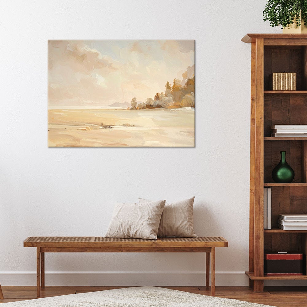 Obraz do salonu sypialni, Pastelowa Plaża Minimalistyczny Nadmorski Krajobraz w Beżowych Tonach 60x40 - 2