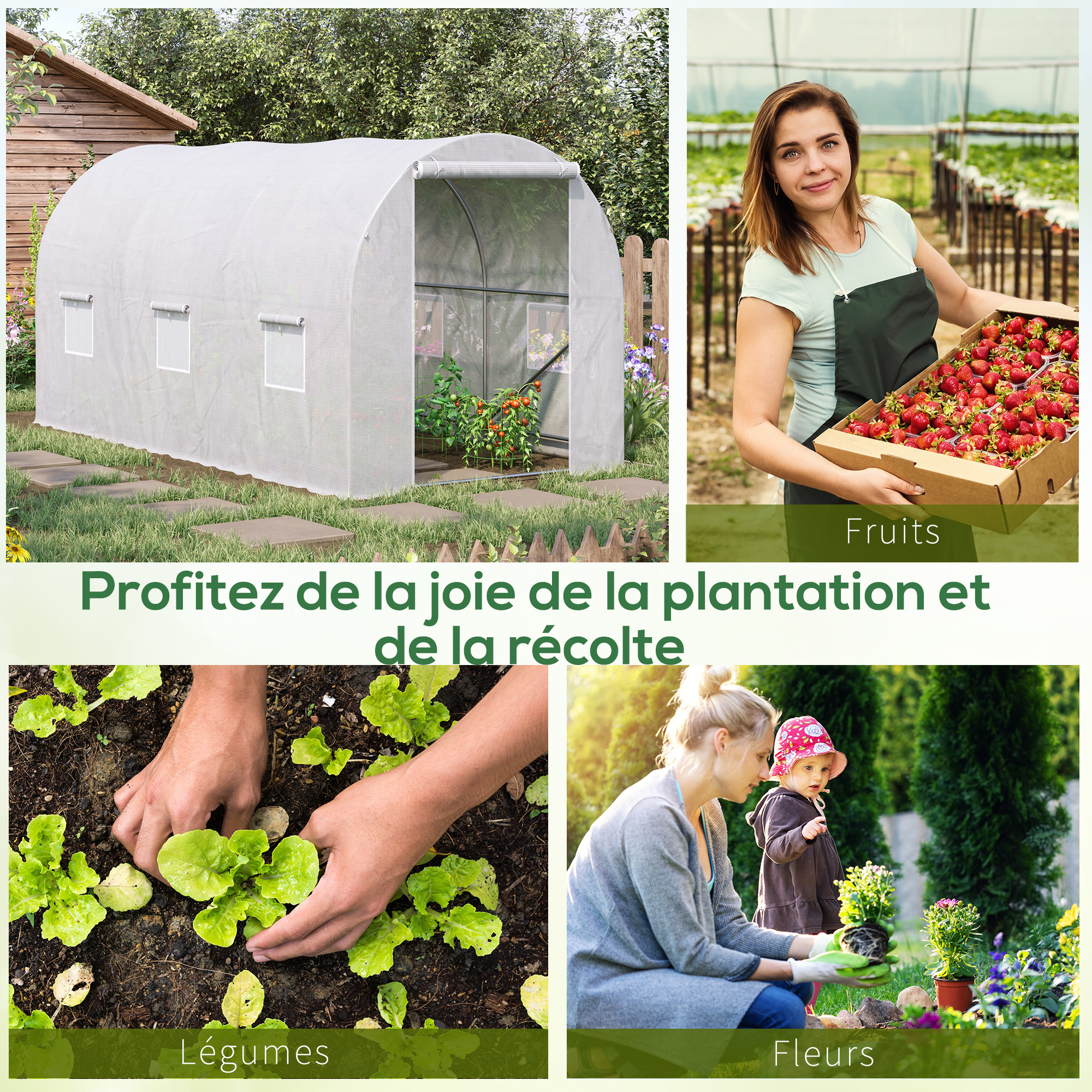 Serre de Jardin Tunnel Surface Sol 7 m² 3,5L x 2l x 2H m châssis Tubulaire renforcé 18 mm 6 fenêtres Blanc - 8