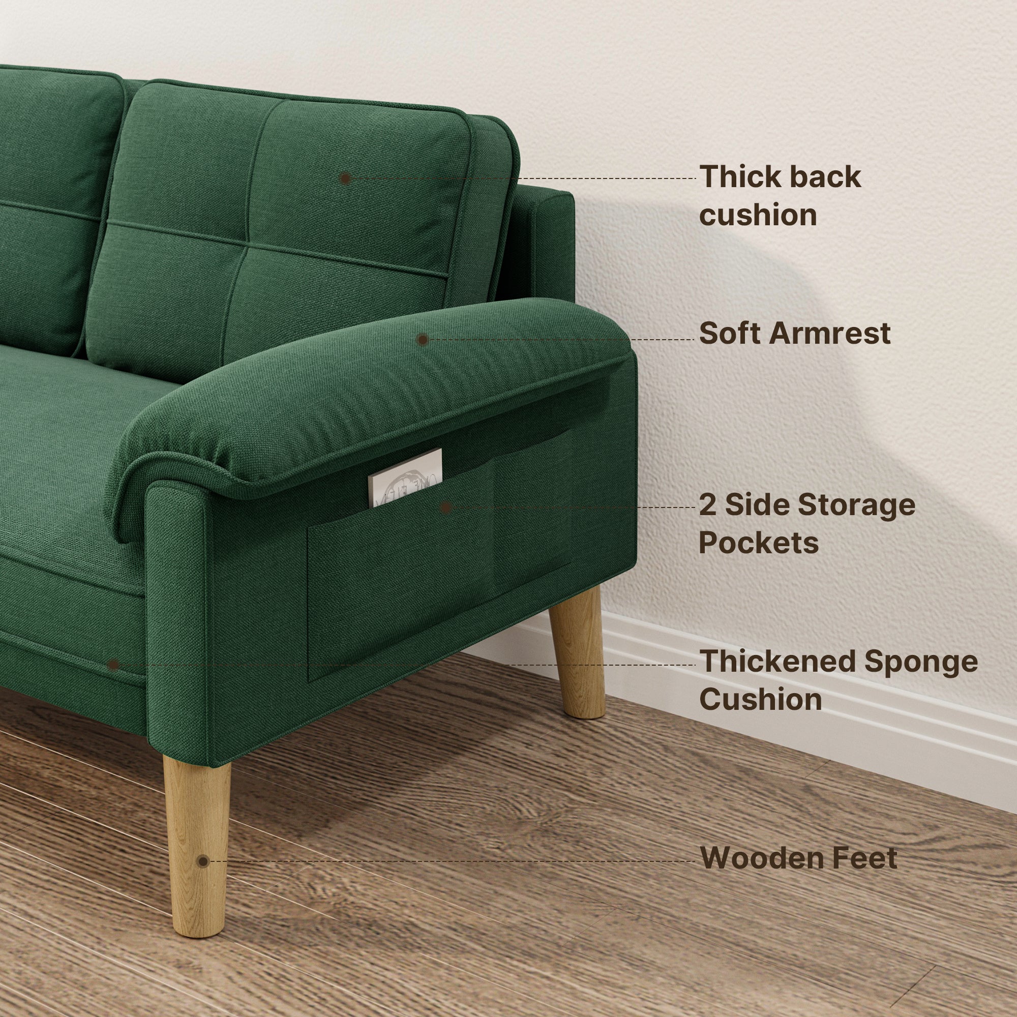 Canapé 2 places vert en tissu,design scandinave,assise confortable,pieds en bois,pour salon et petit espace,145 x 77 x 77 cm - 4