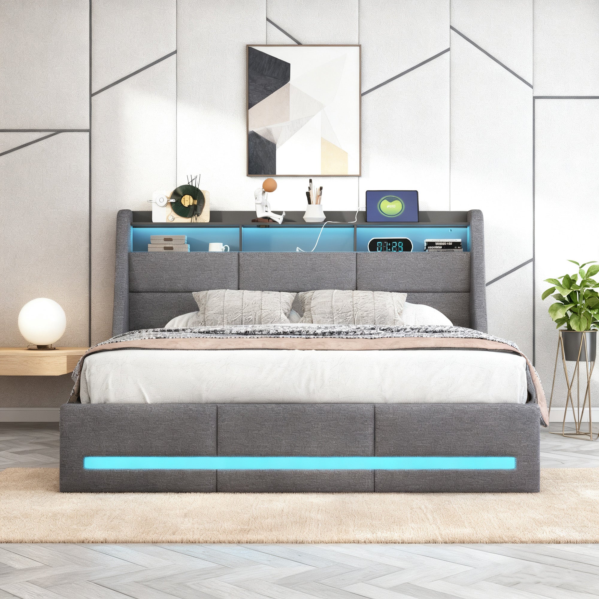 Lit coffre 140x190 cm avec port USB et Type C, lit double avec sommier à lattes, lit adulte avec LED, tissu en lin, 140x190 cm, gris - 4