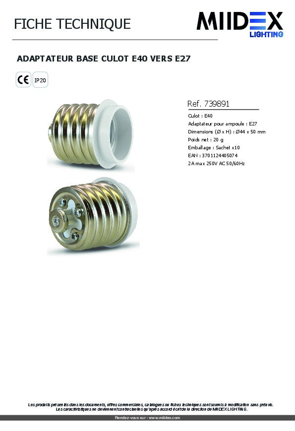 Adaptateur Base Culot E40 vers E27 Ø44mm - 5