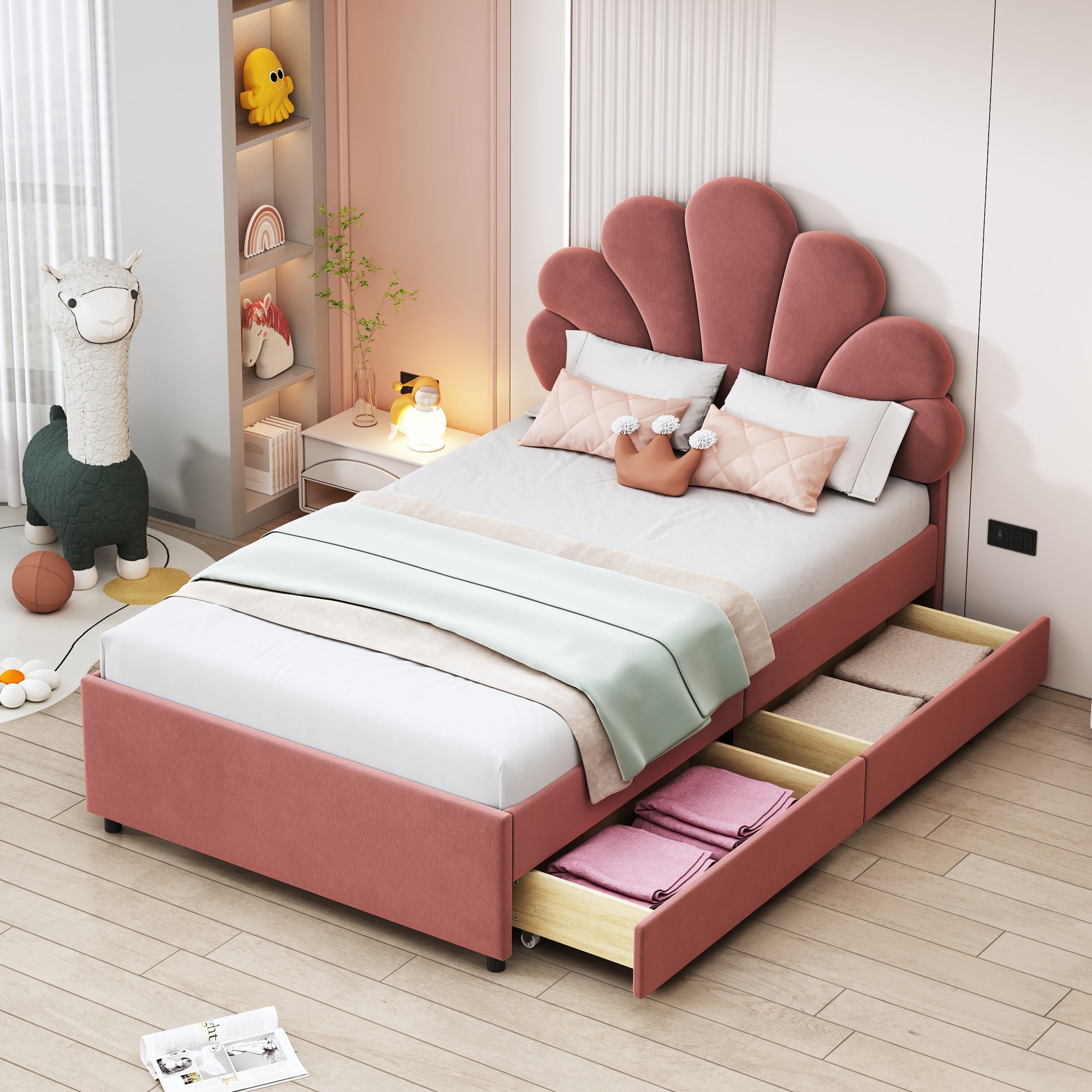 Lit Enfant Lapin Rose 90x190 Cm – Lit Rembourré Mignon Avec 2 Tiroirs, Sommier à Lattes, Laine D’Agneau Douce (sans Matelas)
