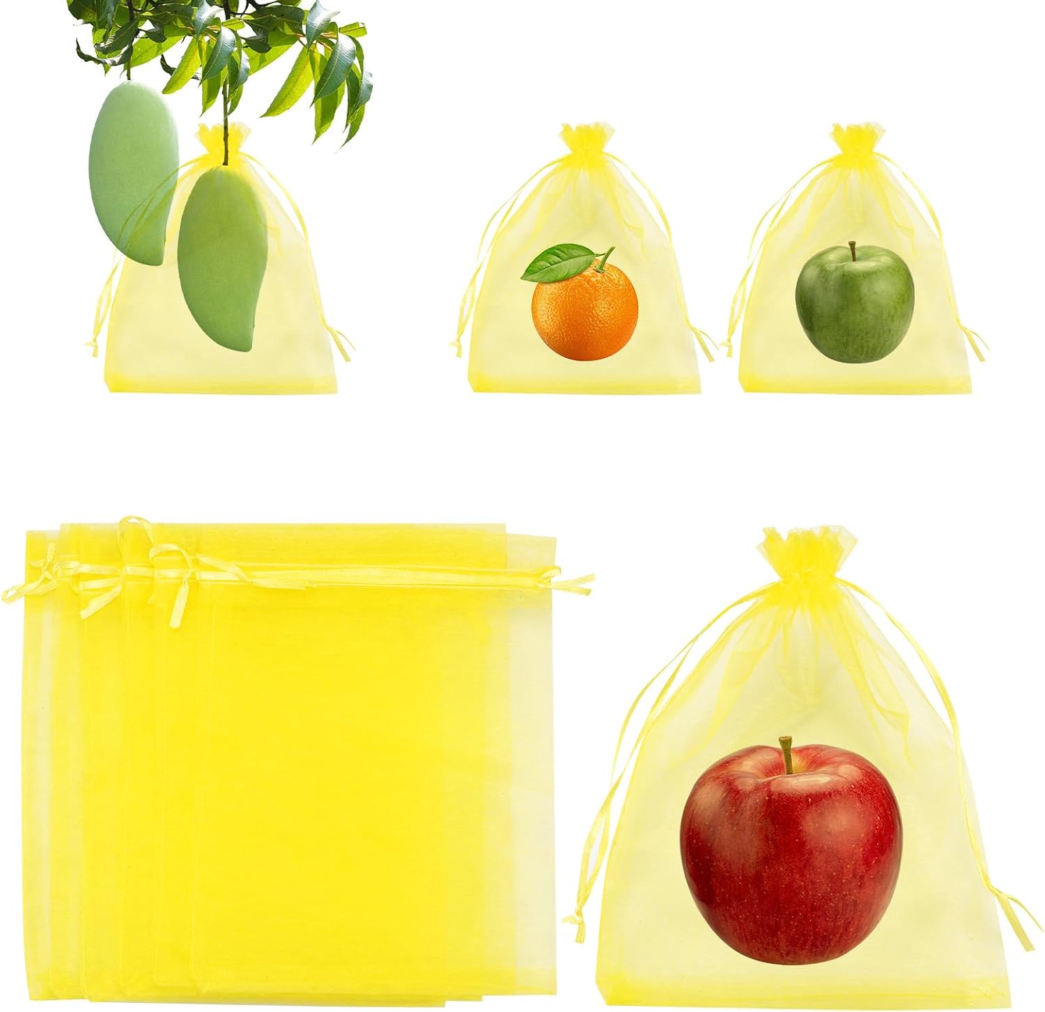 Zestaw 100 worków ochronnych na owoce – 15 x 20 cm, wykonane z siatki z sznurkiem ściągającym, do owoców i kwiatów (żółty)