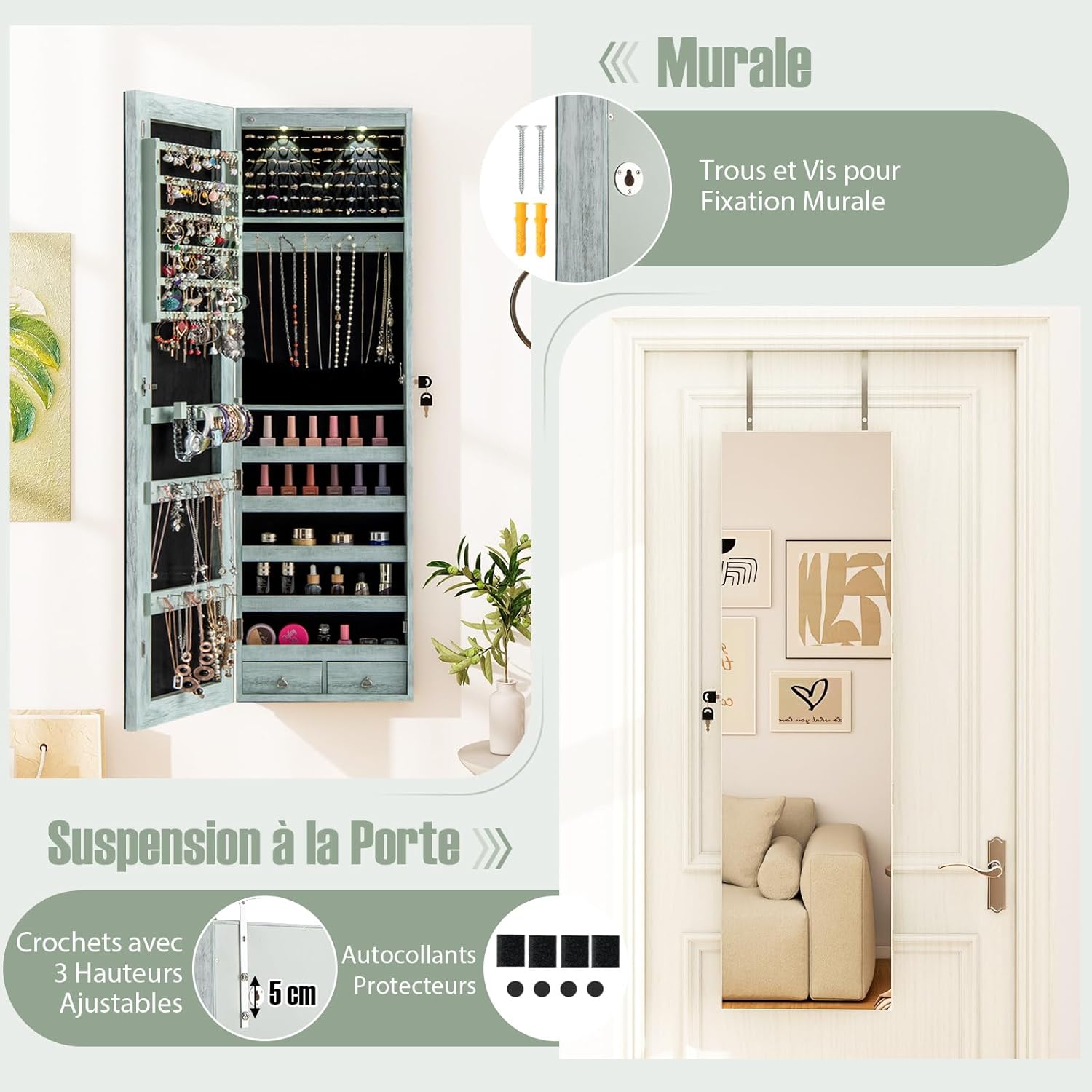 Armoire à Bijoux Mural Armoire Bijoux de Rangement 120 x 36 x 10 cm Bleu - 6