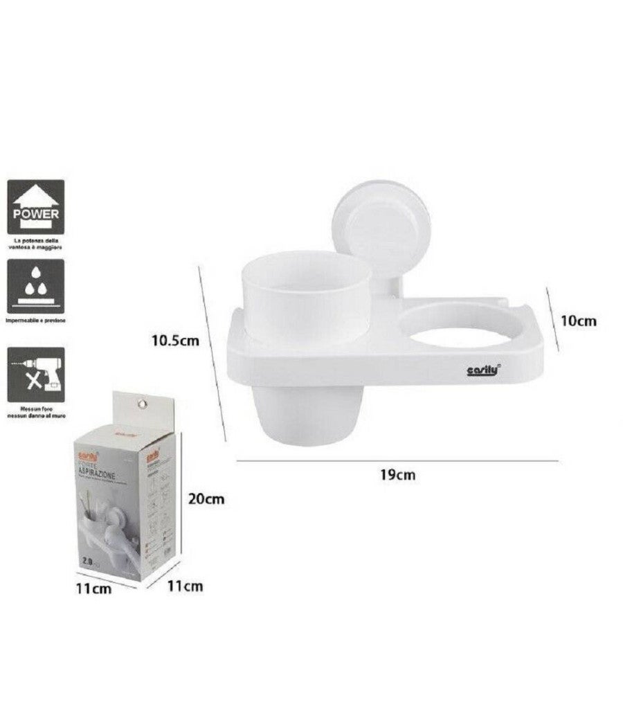 Trade Shop - Porta Phon Con Bicchiere Porta Spazzolini A Ventosa Bianco Accessori Bagno 59547 - - 2