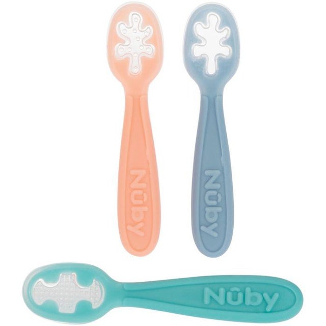NUBY Set de 3 Cucharas para Bebés - Silicona - Desde 6 Meses - Rosa/ Azul/ Verde