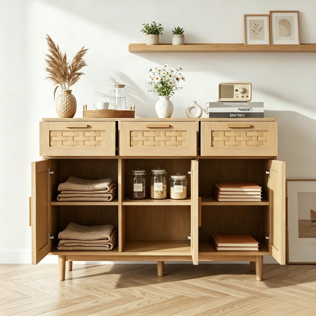 Aparador, medidas 108x40x80 cm, 3 puertas, 3 cajones para guardar objetos, madera, diseño de inspiración retro, Natural, para cocina y salón