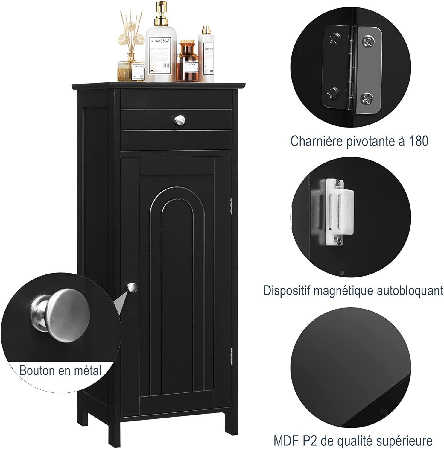 Mobile Bagno, Armadietto Salvaspazio con Cassetto e 2 Ripiani Regolabili, Mobiletto Multiuso in Legno per Soggiorno, Camera da letto e Ufficio - 2