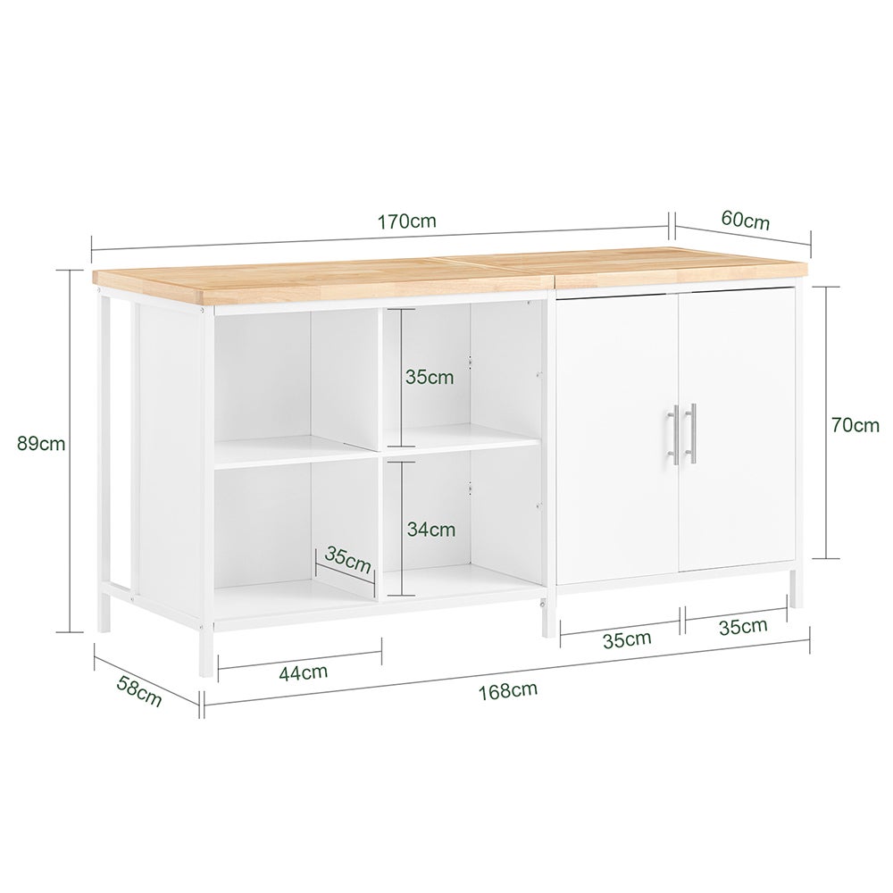 SoBuy îlot Central de Cuisine avec Plan de Travail en Bois d'hévéa,Placard de Cuisine avec 2 Portes, 4 Cubes Compartiments, Blanc, KNL09-WN - 3