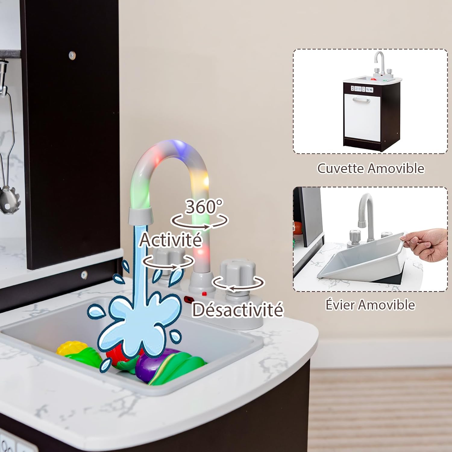 Cuisine Enfant, Cuisine d’Angle avec Tableau Noir, Hotte, Jouet de Cuisine en Bois avec Effets Lumineux et Sonores, Cadeau pour Enfant 3+ Ans (Café) - 3