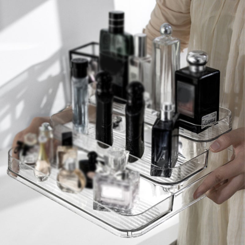 Présentoir à parfums à trois niveaux en acrylique transparent, coiffeuse de bureau, étagère de présentation de cosmétiques de luxe（2PCS） - 6