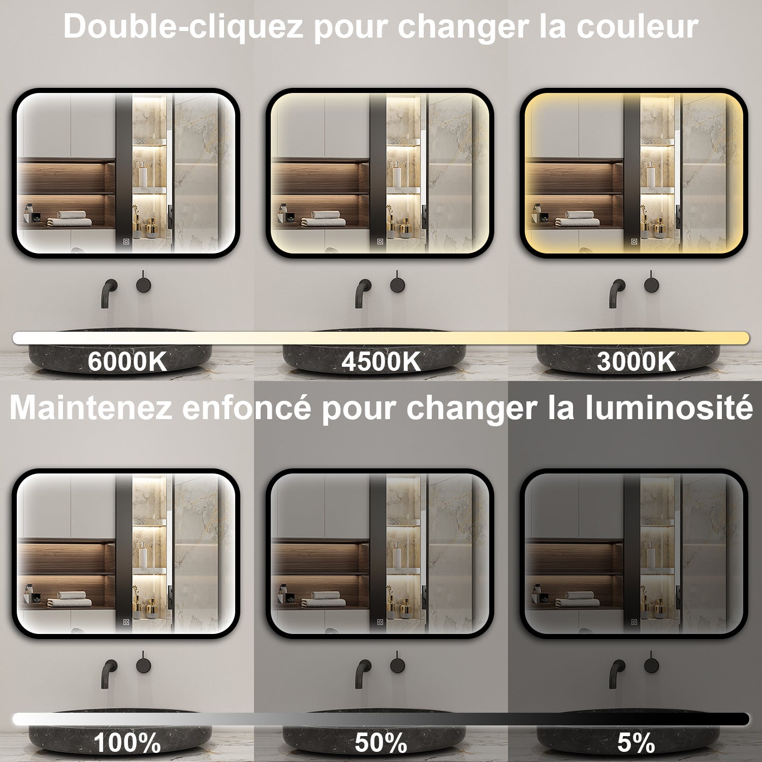 Aica Miroir lumineux de salle de bain 120x70cm Avec 3 Couleurs + Dimmable + Anti-Buée + Mémoire, Noir Cadre Métallique - 3