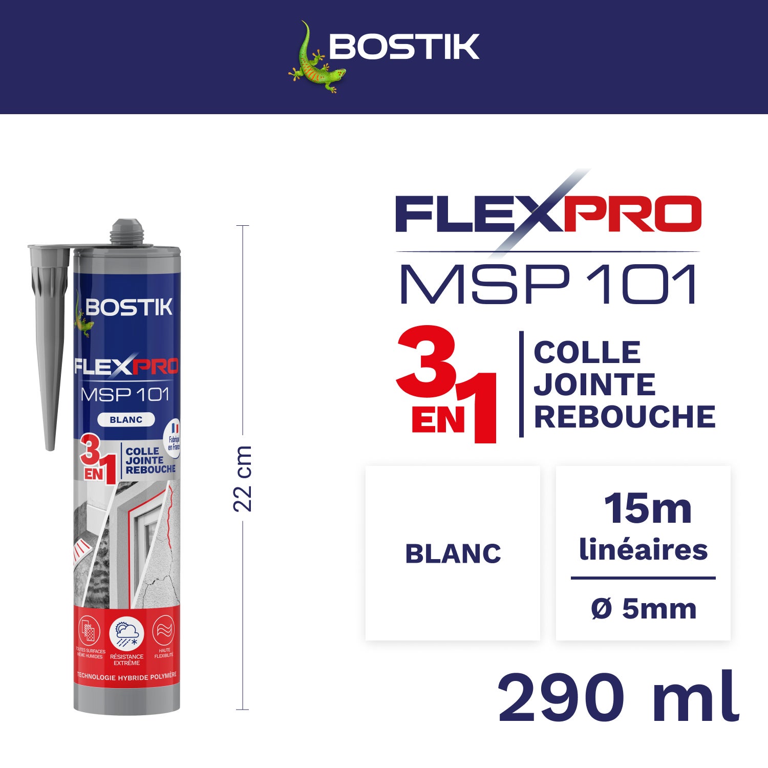 Bostik Mastic Colle Flexpro MSP101 - Colle Jointe et Rebouche - Tous Matériaux - Intérieur/Extérieur - Hautes Performances - Blanc - 290ml - 2