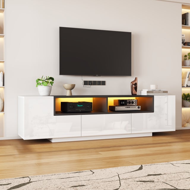 Szafka RTV z 2 drzwiami i 1 szufladą na telewizory 75 cali - 180 x 40 x 48 cm - diody LED - płyta wiórowa - biała