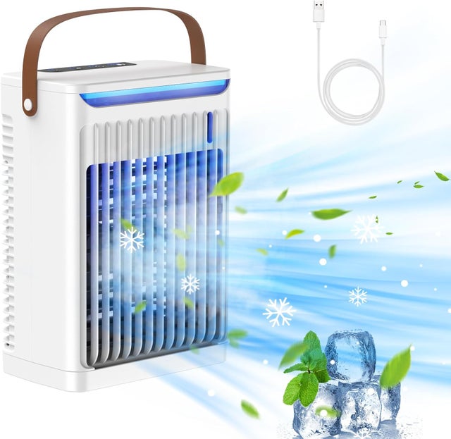 Refroidisseur d'air portable - Réservoir d'eau de 680 ml, 5 vitesses et 7 couleurs de lumière, alimentation USB, minuterie de 8 heures, blanc