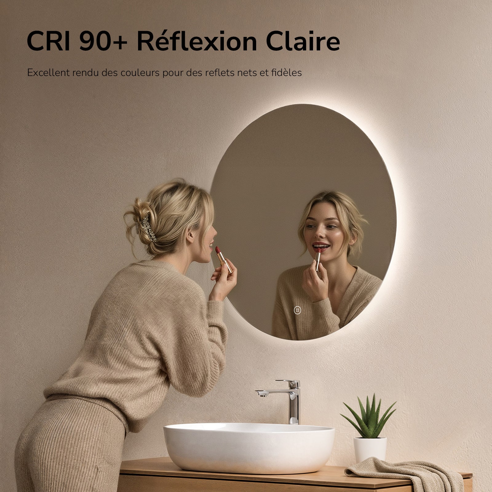 EMKE Miroir lumineux salle de bain rond diamètre 60cm, rétro-éclairage sans cadre, Miroir LED avec Interrupteur Tactile, Lumière Blanche Froide - 5