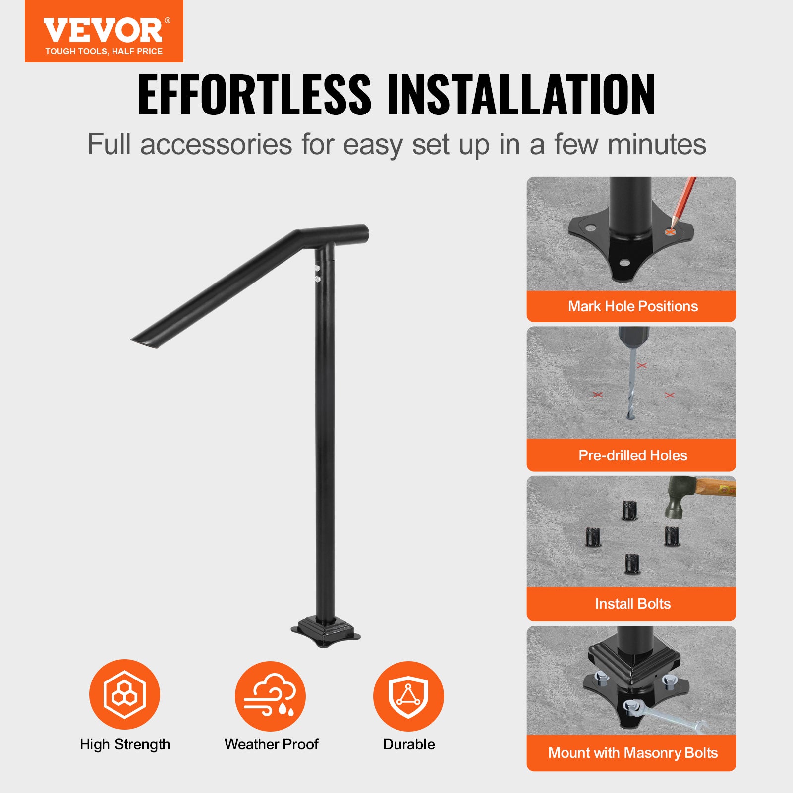Main Courante d’Escalier VEVOR 71,3x101,5 cm en Fer,Pour 1–3 Marches,Tube 2 mm,Base 13,5x13,5 cm,Charge 200 kg,Garde-Corps Robuste - 2