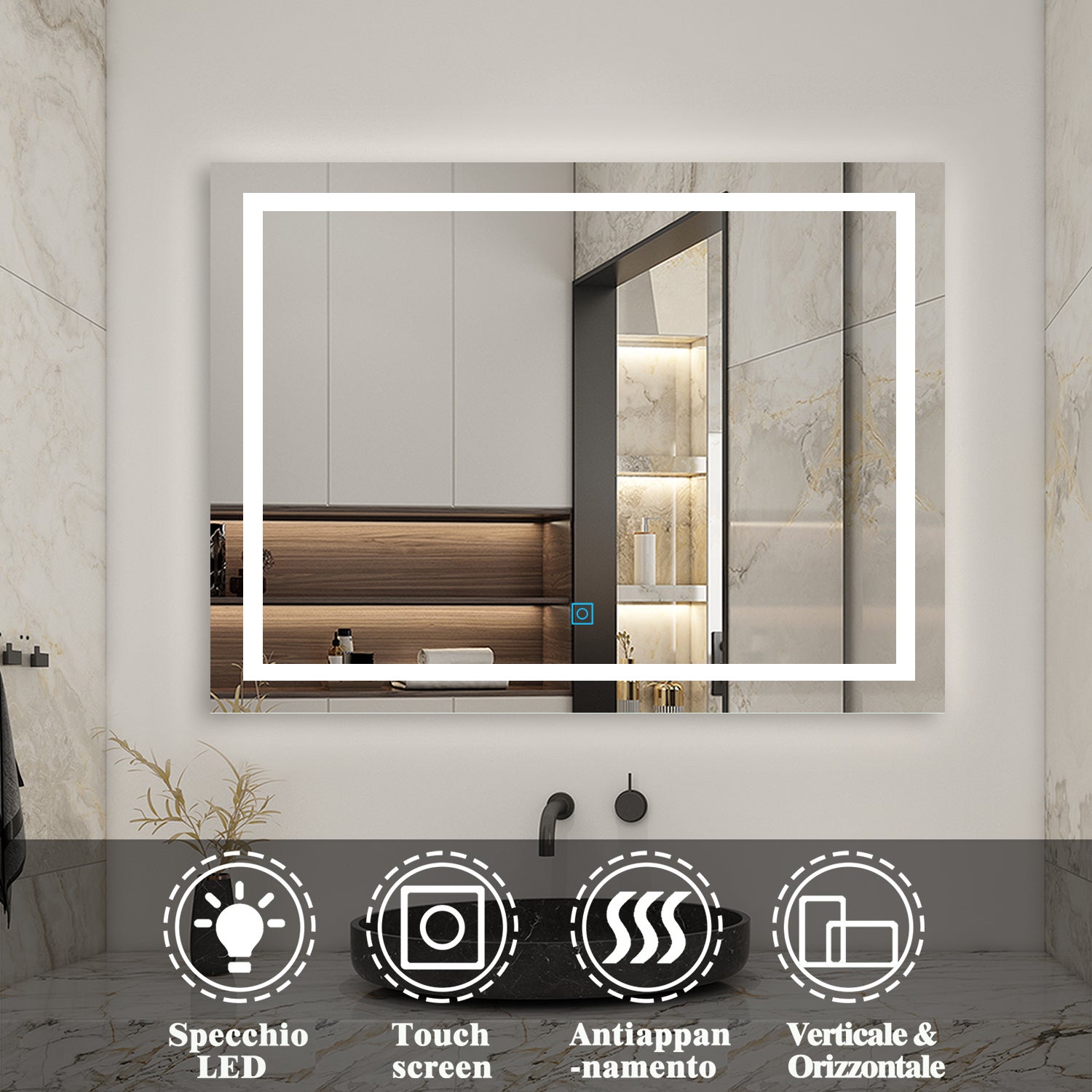 Specchio LED Smart Per Bagno EVOKOR | 101,6x61 Cm Con Antiappannamento, Luci Dimmerabili 3 Colori, IP54, Memoria - 4