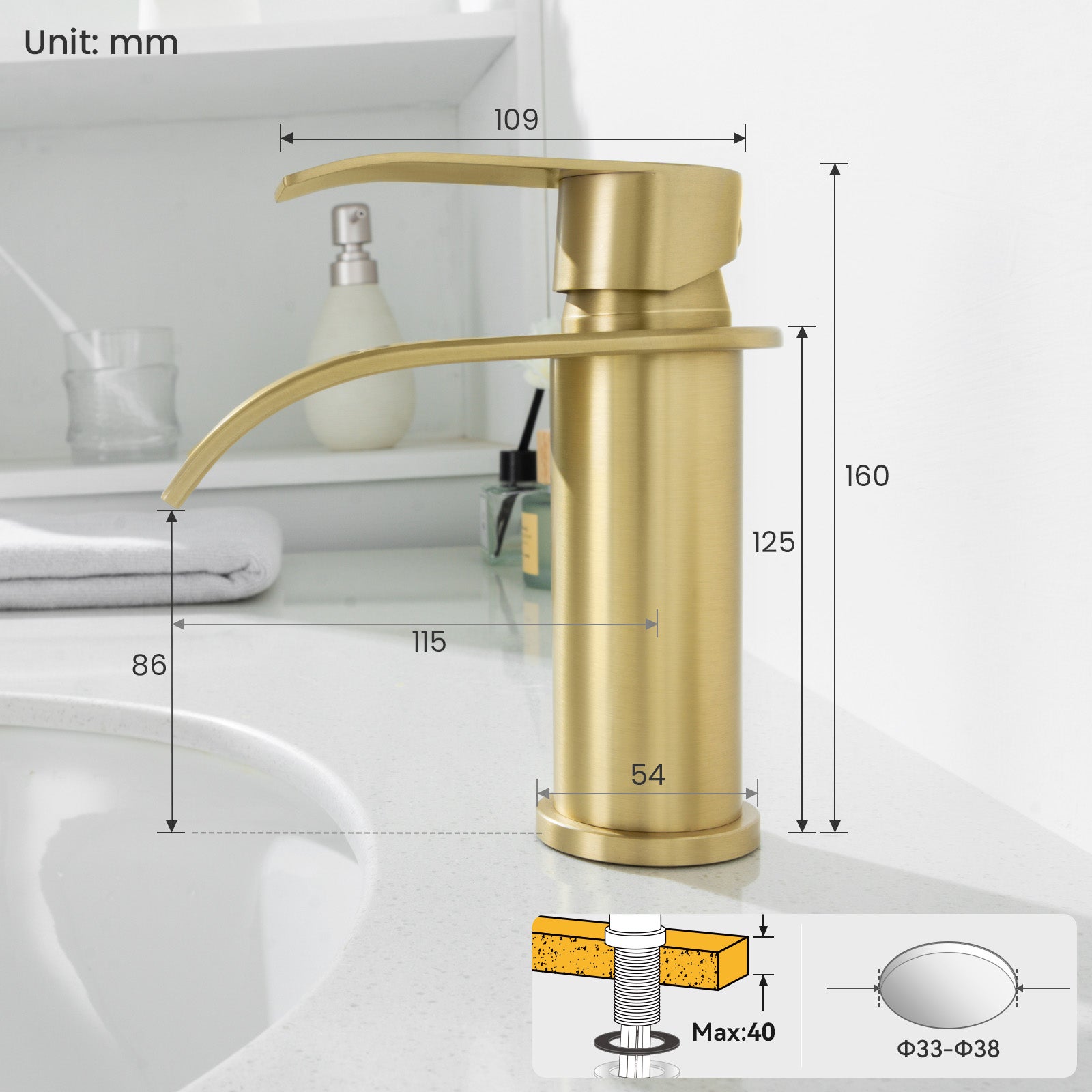CECIPA MAX Robinet de lavabo en Acier inoxydable Mitigeur de lavabo dorée Mitigeur M Robinet salle de bain en cascade - 7