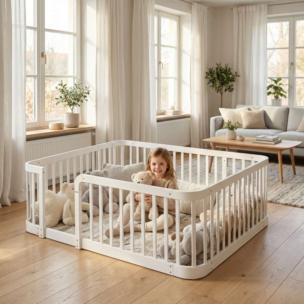 Parque modular blanco 140x200cm para bebé, madera, vallas seguras 7cm, bordes redondeados, uso dormitorio, mascota, protección infantil
